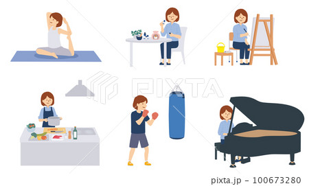 趣味を楽しむ女性のイラストセット 100673280