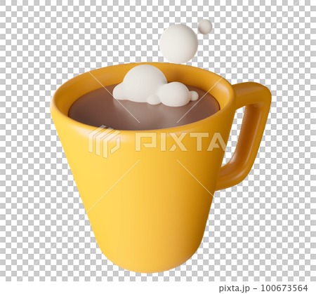 Yellow realistic coffee cup with smoke bubbles on white background, 3D rendering. Yellow realistic coffee cup with smoke bubbles on white background, 3D rendering. 100673564