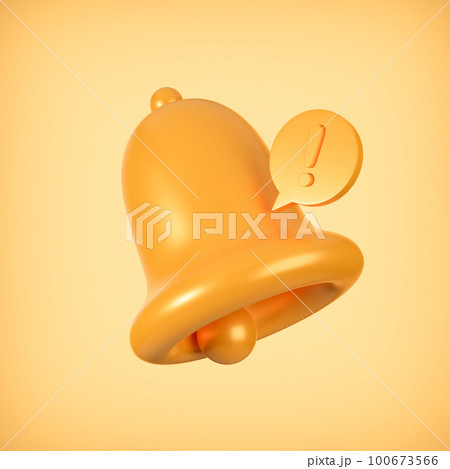 Gold update notification icon with bell alarm icon on gold background, 3D rendering. 100673566