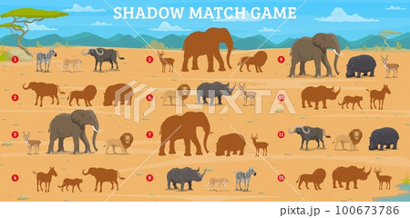 Shadow match game. Cartoon african savannah animals. Vector worksheet with zebra, rhino, buffalo, elephant, lion, antelope, cheetah and hippo silhouettes in savanna. Educational activity for children 100673786