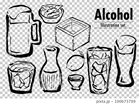 墨絵イラストセット　アルコール　手描きイラスト 100673789