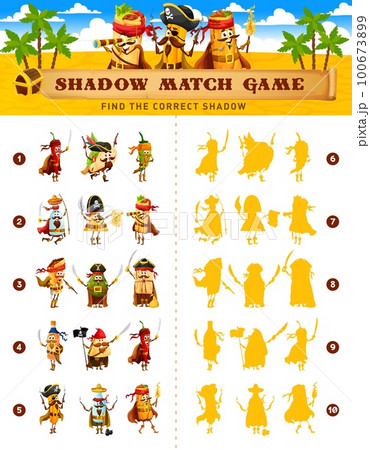 Shadow match game. Cartoon mexican food pirates and corsairs on silhouette compare game or logical quiz. Preschool kids playing activity with find shadow task, vector riddle with burrito, taco, nacho 100673899