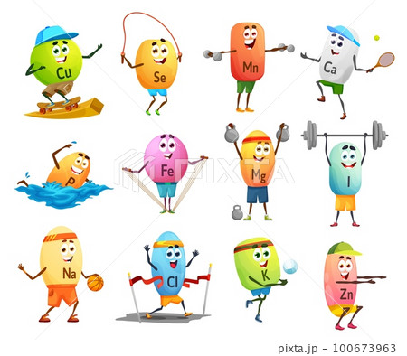 Cartoon cheerful minerals sportsman characters, micronutrient. Vector copper, selenium, manganese and calcium. Phosphorus, ferrum, iodine or natrium, chlorium, potassium, kalium and zinc sportsmen 100673963