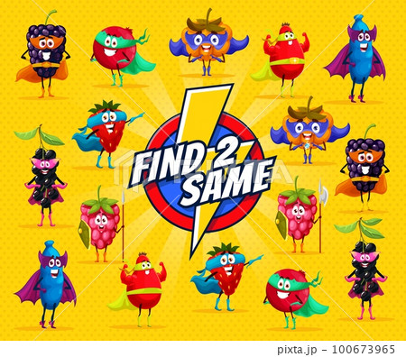 Find two same cartoon superhero berry characters. Kids vector game worksheet with comics blackberry, cloudberry and rosehip. Cranberry, cloudberry, honey berry and bird cherry or strawberry personages 100673965
