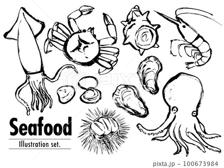 墨絵イラストセット 魚介類 手描きイラスト 墨絵イラストセット 魚介類 手描きイラスト 100673984