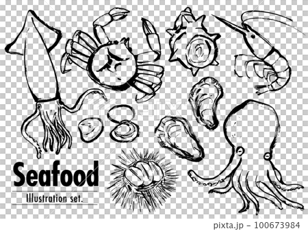 墨絵イラストセット 魚介類 手描きイラスト 墨絵イラストセット 魚介類 手描きイラスト 100673984