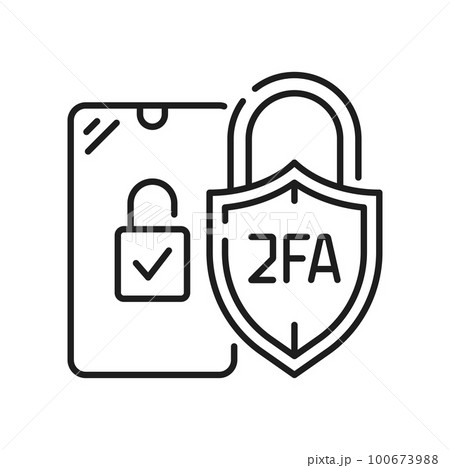 2FA two factor verification or 2 step authentication icon, vector mobile phone and padlock shield. 2FA password verification for access authorization, user secure identification and data privacy 2FA two factor verification or 2 step authentication icon, vector mobile phone and padlock shield. 2FA password verification for access authorization, user secure identification and data privacy 100673988