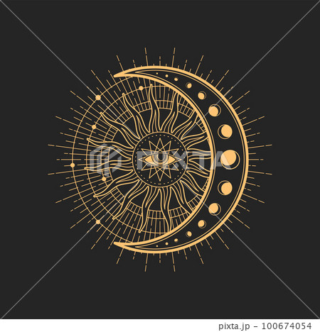 Magic tarot occult esoteric sign with egyptian all-seeing eye in star with crescent moon and radiant sun rays inside of circle. Vector spiritual magic emblem, isolated alchemy, wicca or pagan symbol 100674054