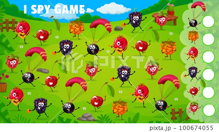 I spy game cartoon berry characters on summer party. Vector worksheet with funny cranberry, black currant, cloudberry, blackberry, cherry and raspberry personages playing and fun on green field 100674055