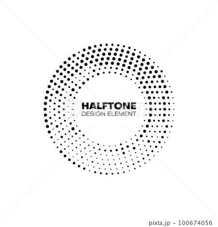 Halftone circle frame border with pattern of black dots. Round frame with vector texture of abstract dots, spots and bubbles. Modern half tone banner or label with abstract geometric pattern 100674056