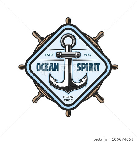Marine heraldic icon with ship anchor, nautical sailing and ocean adventure club vector symbol. Ship anchor and helm heraldic badge for marine regatta, seafaring academy and voyager sail club 100674059