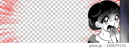 Wide-size illustration of a Japanese 70's-style girl's cartoon of a beautiful black-haired girl who witnessed the scene of a crime and fell into a panic with a pale face. Wide-size illustration of a Japanese 70's-style girl's cartoon of a beautiful black-haired girl who witnessed the scene of a crime and fell into a panic with a pale face. 100674133