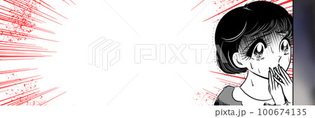 事件現場を目撃し顔面蒼白パニックに陥る黒髪美少女の日本の70年代風少女漫画ワイドサイズイラスト 100674135