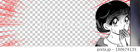 事件現場を目撃し顔面蒼白パニックに陥る黒髪美少女の日本の70年代風少女漫画ワイドサイズイラスト 100674135
