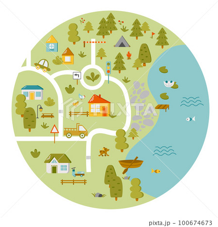Cute town map for kids room. Landscape with lot details. Vector illustration 100674673