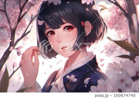 桜吹雪　黒髪のショートヘアの女性　春「AI生成画像」 100674740