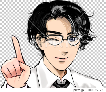 イケメン黒髪パーマメガネ先生が指差し決めポーズするカラー漫画イラスト 100675173