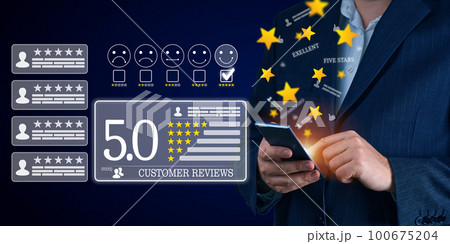 Testimonials from successful businessman. Customer review good rating concept. business satisfaction 100675204