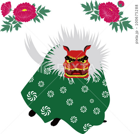 獅子舞と牡丹の花のイメージイラスト。日本の伝統郷土芸能。 獅子舞と牡丹の花のイメージイラスト。日本の伝統郷土芸能。 100675288