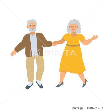 Senior couple dancing. Happy old men and women in yellow dress. Elderly people romantic concept, couple holding hands while dancing. Old man and woman love, cartoon vector illustration. Senior couple dancing. Happy old men and women in yellow dress. Elderly people romantic concept, couple holding hands while dancing. Old man and woman love, cartoon vector illustration. 100675294