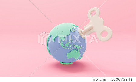 Wind up Earth globe green-blue pastel color on pink background. Designed in minimal concept. 100675342