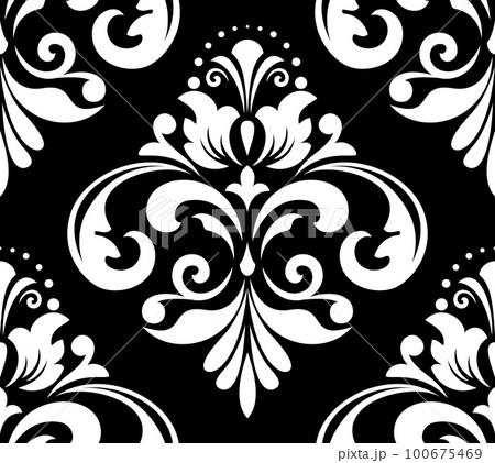 Wallpaper in the style of Baroque. Seamless vector background. White and black floral ornament. Graphic pattern for fabric, wallpaper, packaging. Ornate Damask flower ornament 100675469