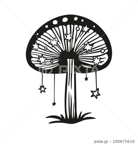 Magic mushroom with stars. Vector silhouette black line contour drawing with celestial fungus 100675610