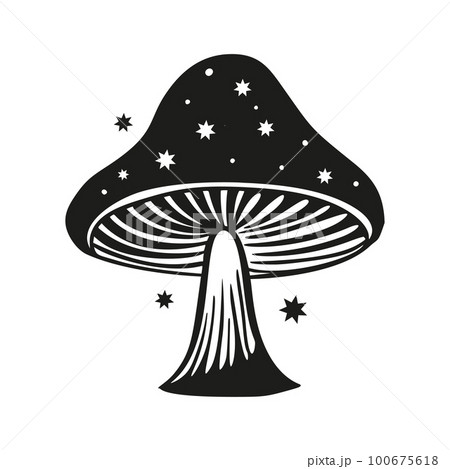 Magic mushroom with stars. Vector silhouette black line contour drawing with celestial fungus 100675618