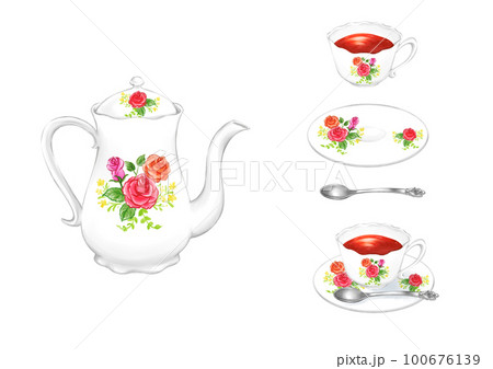 アンティークな花柄(赤系)のティーポットと紅茶の入ったティーカップ 100676139
