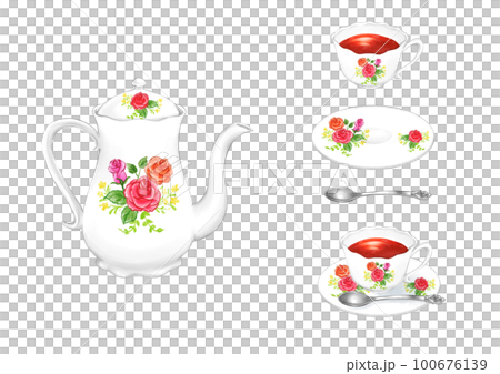 アンティークな花柄(赤系)のティーポットと紅茶の入ったティーカップ 100676139