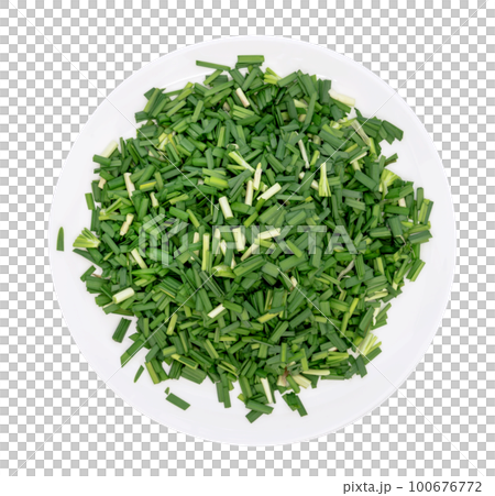 Chop up the garlic chive on white dish,top view isolated Chop up the garlic chive on white dish,top view isolated 100676772