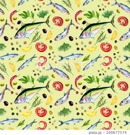 Seamless pattern of tuna, sardine and herbs watercolor isolated on green. 100677574