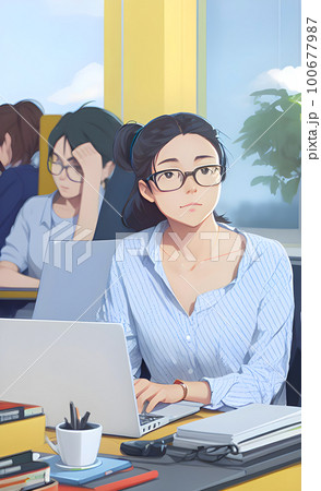 Young women working with laptop in office Young women working with laptop in office 100677987