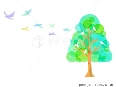 水彩タッチの樹木と小鳥たち 青い鳥 新緑 100678136