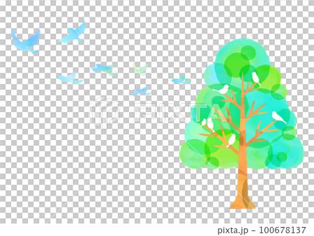 水彩タッチの樹木と小鳥たち 青い鳥 新緑 100678137