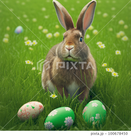 Single sedate furry New Zealand rabbit sitting on green grass with easter eggs. Single sedate furry New Zealand rabbit sitting on green grass with easter eggs. 100678450