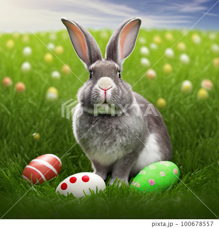 Single sedate furry Beveren rabbit sitting on green grass with easter eggs. 100678557