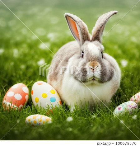 Single sedate furry Giant Angora rabbit sitting on green grass with easter eggs. 100678570