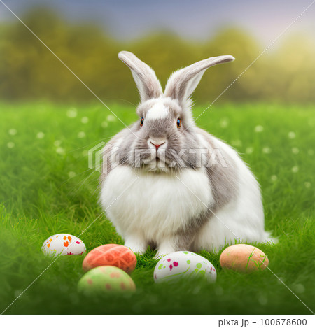 Single sedate furry English Angora rabbit sitting on green grass with easter egg 100678600