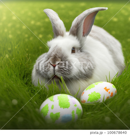 Single sedate furry Giant Angora rabbit sitting on green grass with easter eggs. Single sedate furry Giant Angora rabbit sitting on green grass with easter eggs. 100678640