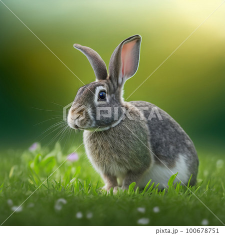 Sedate easter Checkered Giant rabbit portrait full body sitting in green field 100678751