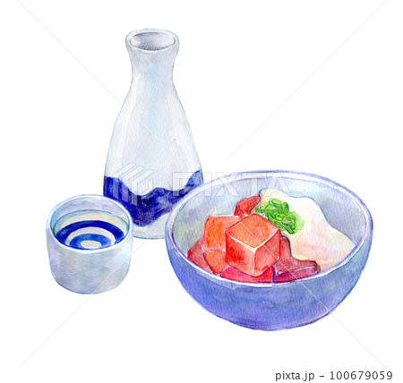 日本酒とマグロのぶつ　晩酌セット　水彩イラスト 100679059