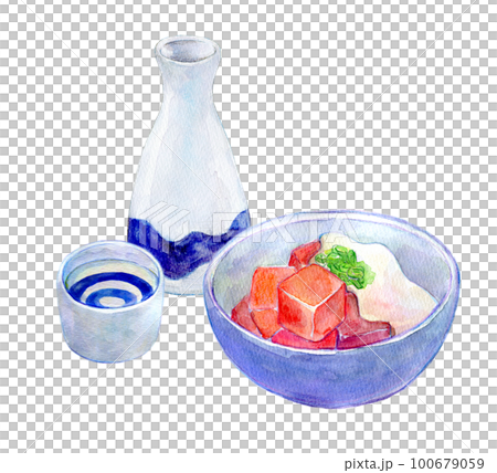 日本酒とマグロのぶつ　晩酌セット　水彩イラスト 100679059