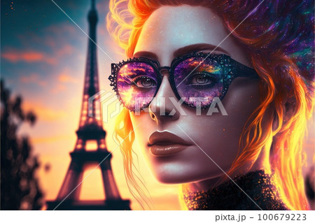 Fashionable girl wearing sunglasses portrait with Eiffel tower 100679223