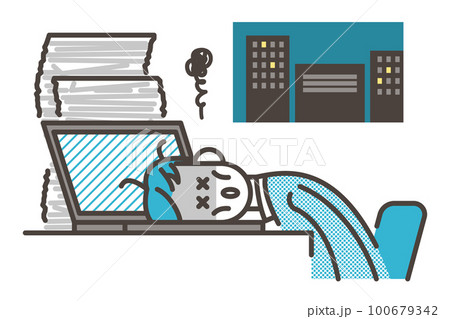 ブラック労働、深夜残業でオフィスの机に突っ伏す若い男性ビジネスマン【人物ベクターイラスト素材】 ブラック労働、深夜残業でオフィスの机に突っ伏す若い男性ビジネスマン【人物ベクターイラスト素材】 100679342