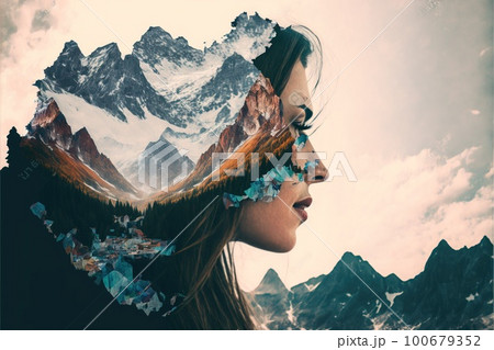Double exposure woman with cloudscape and...のイラスト素材 [100679352] - PIXTA