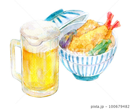 天丼と生ビール　晩酌セット　水彩イラスト 100679482