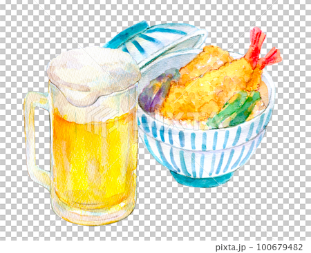 天丼と生ビール　晩酌セット　水彩イラスト 100679482
