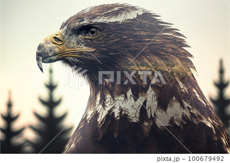 Bird of of prey eagle portrait with double exposure nature background 100679492
