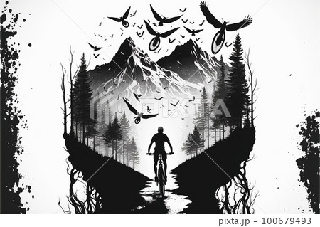 Black and white mountain biker with double exposure mountain landscape 100679493